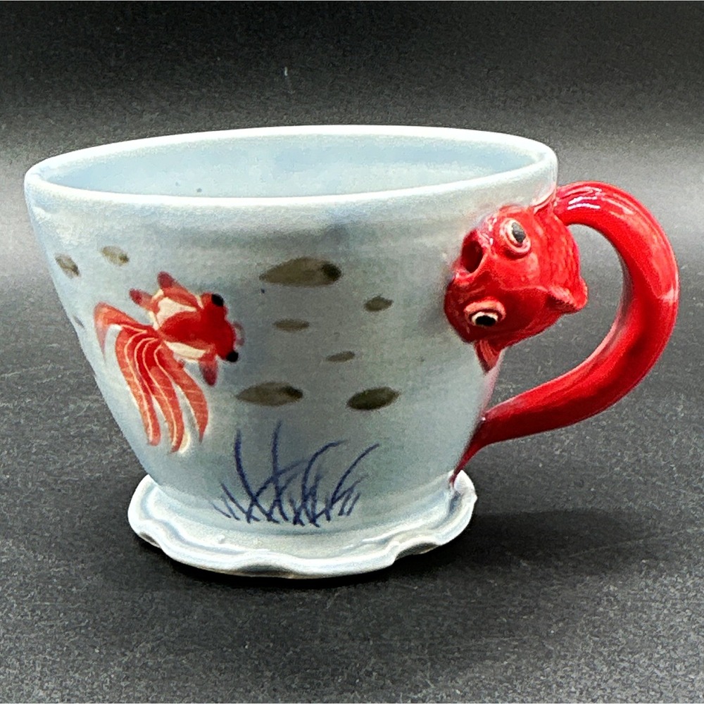 Signed Lia Studio Pottery Koi Fish Ceramic Mug Hand Painted 3D Tea Cup Blue Red